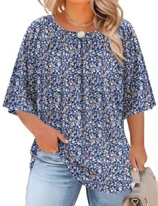 LOMON Plus Size Teacher Outfits for Women 3/4 Sleeve Crewneck Tops Elegant Flowe