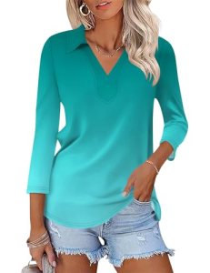 LOMON Women’s Collared Casual Shirts Spring Summer 3/4 Sleeve Polos Tops V Neck