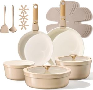 CAROTE 18 Pcs Ceramic Cookware Set Titanium Nonstick with Detachable Handles