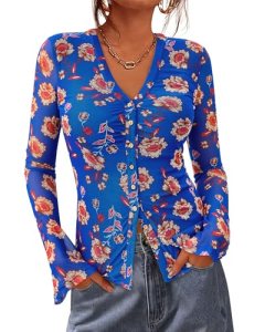 BTFBM Button Down Shirts for Women 2026 Spring Boho Tops V Neck Long Sleeve Blou
