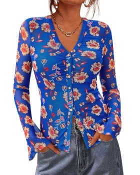 BTFBM Button Down Shirts for Women 2026 Spring Boho Tops V Neck Long Sleeve Blou