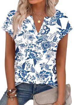 WIHOLL Short Sleeve Shirts for Women Summer Boho Tops Business Casual Tops Vneck