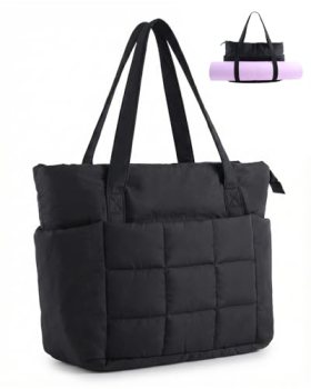 U+U Puffer Tote Bag for Women, Quilted Work Tote with 16″ Laptop Sleeve