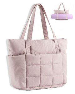 U+U Puffer Tote Bag for Women, Quilted Work Handbag with Compartments
