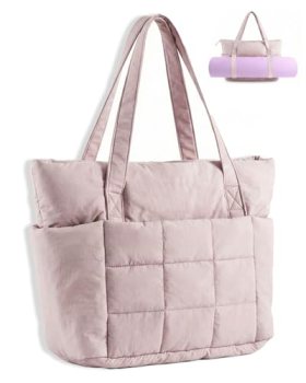 U+U Puffer Tote Bag for Women, Quilted Work Handbag with Compartments