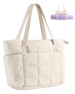 U+U Puffer Tote Bag for Women, Quilted Work Handbag with Compartments