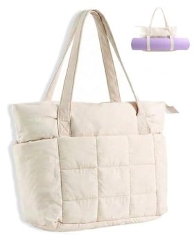 U+U Puffer Tote Bag for Women, Quilted Work Handbag with Compartments
