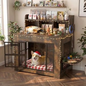 Petrova 33″ Dog Crate Furniture with Storage Shelf & 2 Stainless Steel Bowls