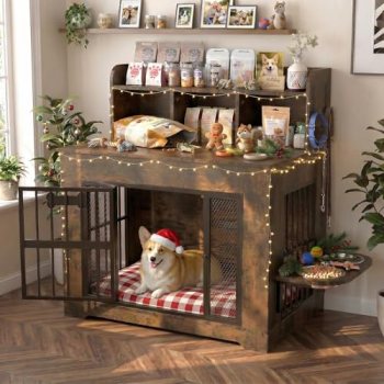 Petrova 33″ Dog Crate Furniture with Storage Shelf & 2 Stainless Steel Bowls