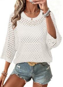 SHEWIN Summer Sweaters for Women Casual Crew Neck Short Sleeve Sweater Lightweig