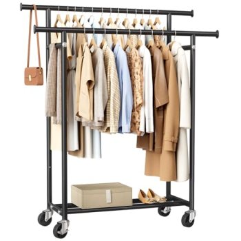 HYSEYY Clothes Rack, Double Rods Rolling Clothing Rack for Hanging Clothes