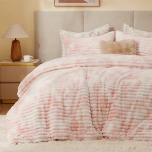 BEDELITE Fleece Queen Comforter Set -Super Soft & Warm Fluffy Pink&White Bedding