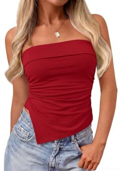PRETTYGARDEN Going Out Tube Tops for Women Trendy Summer 2026 Asymmetrical Ruche