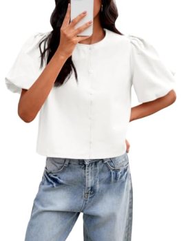 Tankaneo Womens Cropped Tops Puff Sleeve Button Down Shirts Trendy Casual Loose