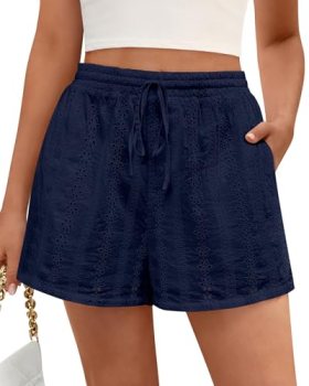 KIRUNDO Lace Shorts for Women Summer Cute Boho Eyelet Elastic Waist Drawstring C