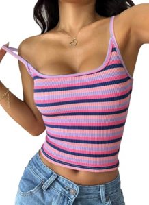 PRETTYGARDEN Women Summer Crop Tops Sleeveless Spaghetti Strap Tank Striped Cami