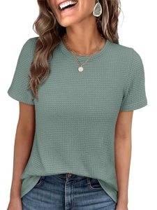 ANRABESS Women’s Summer Waffle Knit Tops Crew Neck Short Sleeve Casual Trendy Sh