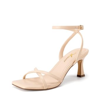 Athlefit Nude Kitten Heels for Women Strappy Square Open Toe Heeled Sandals Ankl