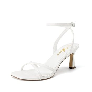 Athlefit White Kitten Heels for Women Square Open Toe Strappy High Heels Comfort