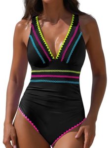 popvil Modest One Piece Swimsuits for Women 2026 Tummy Control Neon Bathing Suit