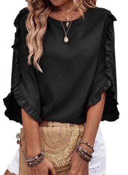 EVALESS 3/4 Length Sleeve Womens Tops Black Dressy Casual Blouses Cute Crewneck