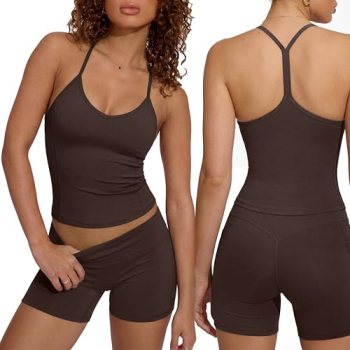 SUUKSESS Women Sexy Racerback 2 Piece Workout Sets V Neck Y Back Padded Sports B