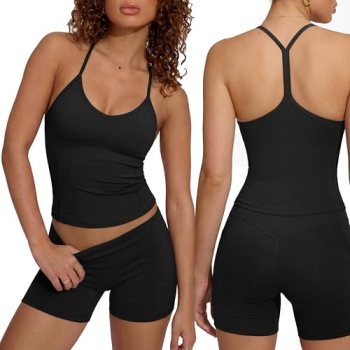 SUUKSESS Women Sexy Racerback 2 Piece Workout Sets V Neck Y Back Padded Sports B