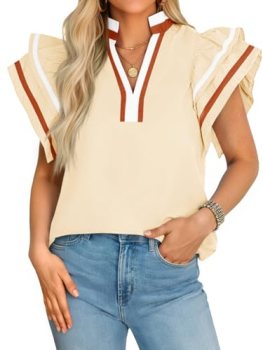 Cicy Bell Womens Ruffle Cap Sleeve Tops Color Block V Neck Dressy Casual Blouses