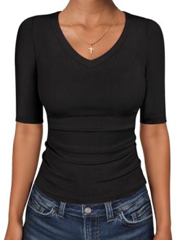 ANRABESS Womens Half Sleeve Tops V Neck Ribbed Knit Slim Fit Basic T Shirts 2026