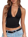 REORIA Women’s Halter Tops Plunge Neck Backless Double Lined Sexy Going Out Crop