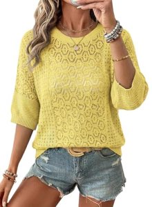 EVALESS Short Sleeve Sweater for Women Crewneck Crochet Hollow Out Knit Tops 202