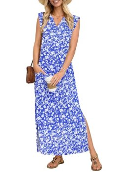 AUSELILY Sundresses for Women Wrinkle Free Casual Travel V Neck Split Sleeveless