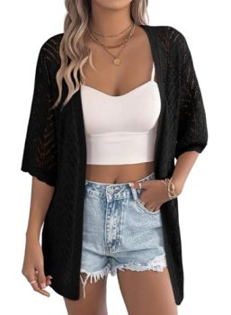 EVALESS Cardigan Sweaters for Women Trendy Crochet Knit Short Sleeve Lightweight