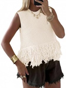 Saodimallsu Womens Crochet Crop Tank Tops Sleeveless Fringe Crew Neck Trendy Boh