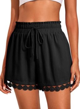Dokotoo Women’s Shorts Fashion Lace Trim Drawstring Elastic Waist Black Short Pa