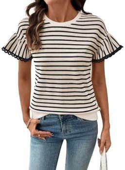 SHEWIN Women Summer Tops Ruffle Short Sleeve Shirts Business Dressy Blouse Casua