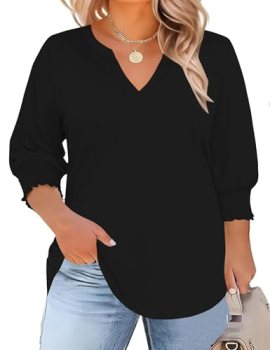 TFSDOD Black Tops for Women 3/4 Sleeve Tunic Dressy Casual V Neck Blouses Smocke