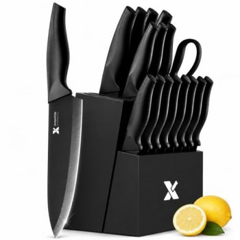XANAPON 19-Piece Black Kitchen Knife Set with Block and Built-in Sharpener