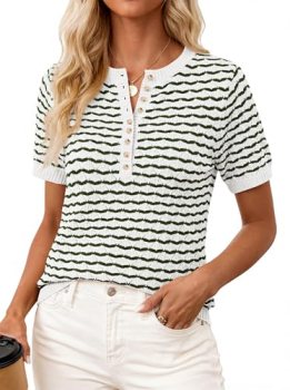 PRETTYGARDEN Womens Knit Summer Tops Button Short Sleeve Sweater Casual Crewneck