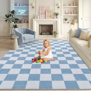 GarveeHome Checkered Light Blue and White 8×10 Area Rugs for Living Room Geometr