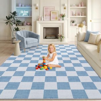 GarveeHome Checkered Light Blue and White 8×10 Area Rugs for Living Room Geometr