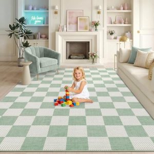 GarveeHome Checkered Sage Green 9×12 Area Rugs for Living Room Geometric Diamond