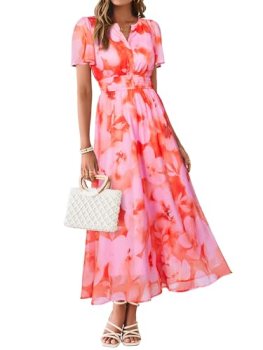 Simplee Women Floral Summer Maxi Dress Boho Flowy Casual Chiffon Short Sleeves V
