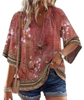 WIHOLL Boho Tops for Women Spring Blouse Flowy Cute Floral Bell Sleeve Shirts Be