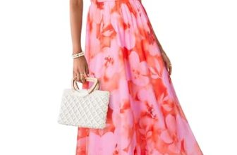 Simplee Women Floral Summer Maxi Dress Boho Flowy Casual Chiffon Short Sleeves V