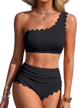 Charmo Womens One Shoulder Bikini Sets High Waisted Tummy Control Bathing Suits