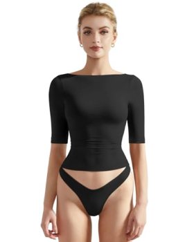 SUUKSESS Women Half Sleeve Boat Neck Tops Double Lined Tight Fitted Shirts Basic