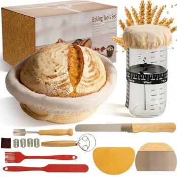 Banneton Bread Proofing Basket with 24oz Starter Jar -Round Cotton Rope Rising B