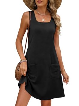 ANRABESS Womens Summer Tank Dress Square Neck Sleeveless Mini Sundress with Pock