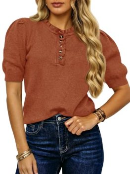 Saodimallsu Womens Puff Short Sleeve Sweater Tops Ruffle Crew Neck Button Up Cas